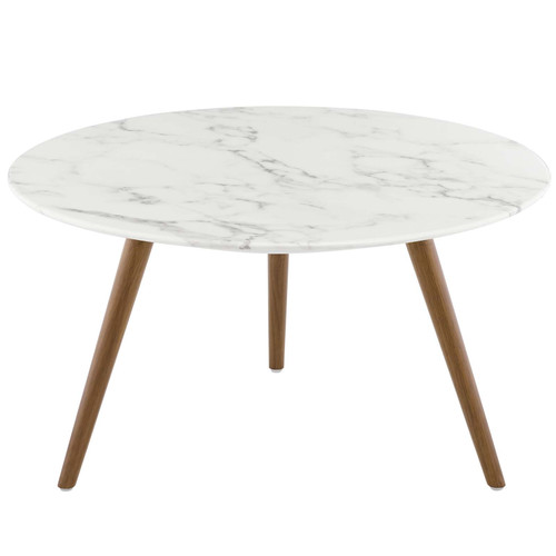 Lippa 28" Round Artificial Marble Coffee Table with Tripod Base Walnut White EEI-3660-WAL-WHI