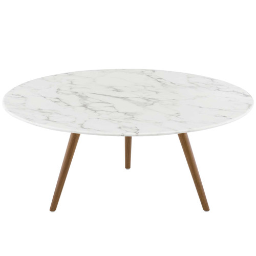 Lippa 36" Round Artificial Marble Coffee Table with Tripod Base Walnut White EEI-3661-WAL-WHI