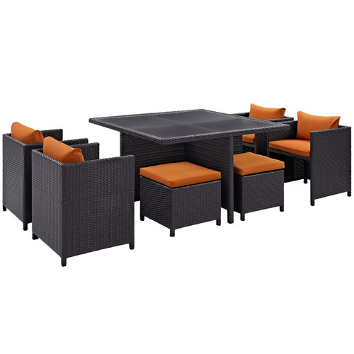 Inverse 9 Piece Outdoor Patio Dining Set Espresso Orange EEI-726-EXP-ORA