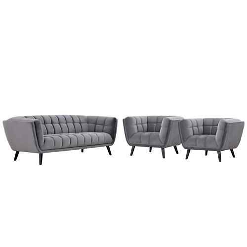 Bestow 3 Piece Performance Velvet Sofa and Armchair Set Gray EEI-2981-GRY-SET