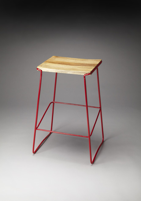 Butler Parrish Wood & Red Metal Bar Stool