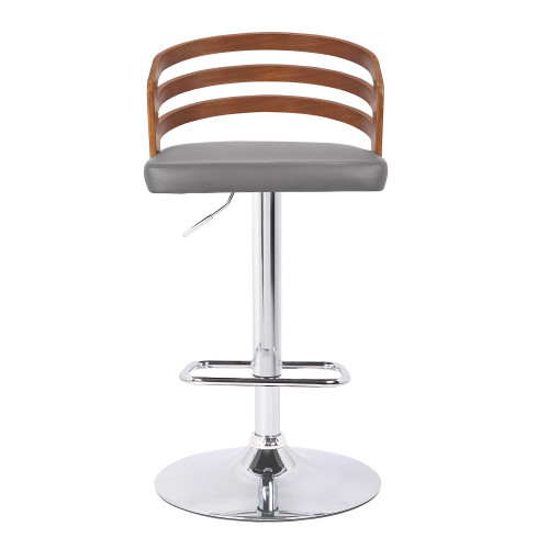 Armen Living Adele Mid-Century Adjustable Swivel Barstool in Chrome with Grey Faux Leather and Walnut Veneer