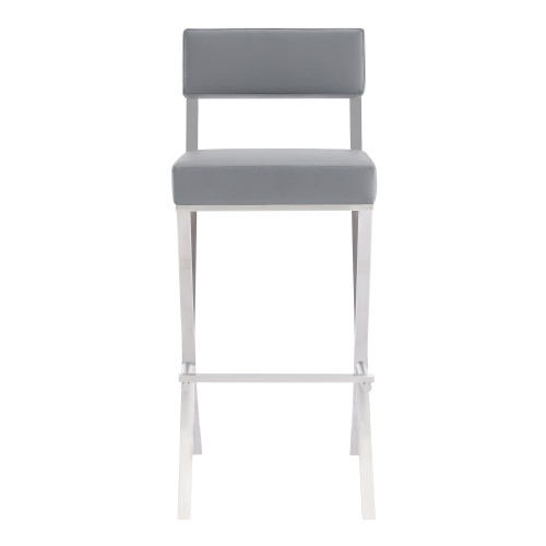 Bethany Contemporary 28" Counter Height Barstool in Brushed Stainless Steel and Grey Faux Leather