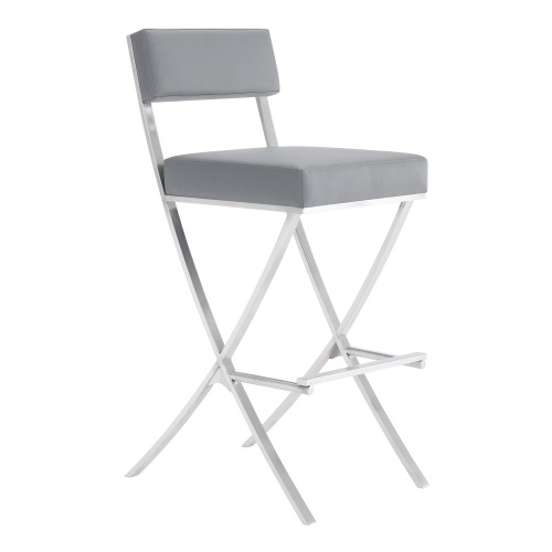 Bethany Contemporary 32" Bar Height Barstool in Brushed Stainless Steel and Grey Faux Leather
