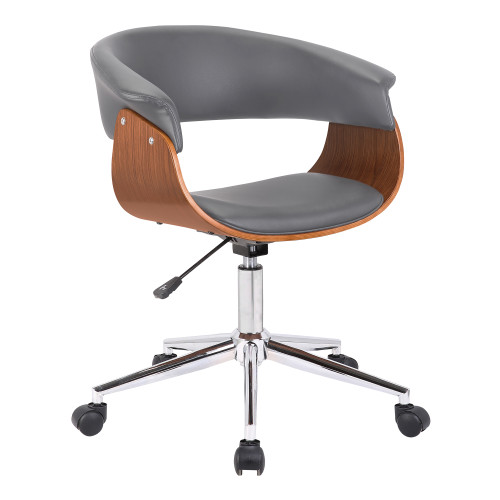 Armen Living Bellevue Mid-Century Office Chair in Chrome Finish with Grey Faux Leather and Walnut Veneer