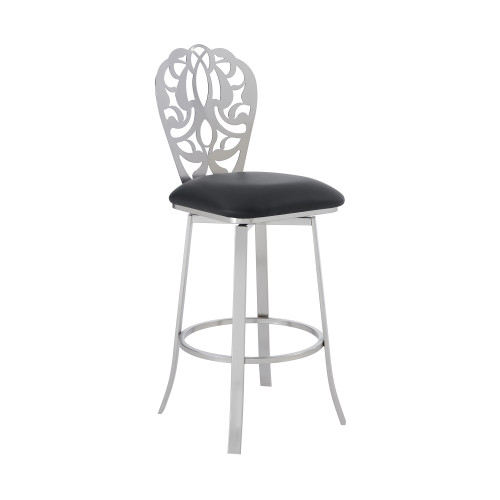 Cherie Contemporary 26" Counter Height Barstool in Brushed Stainless Steel Finish and Black Faux Leather