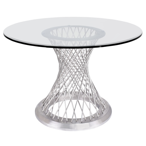 Armen Living Calypso Contemporary Dining Table in Brushed Stainless Steel with Clear Tempered Glass Top