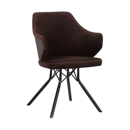 Darcie Mid-Century Dining Chair in Black Powder Coated Finish with Brown Velvet and Walnut Glazed Wood Finish Back