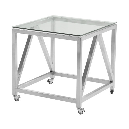 Armen Living Enessa Contemporary Square End Table with Wheels in Brushed Stainless Steel Finish with Tempered Glass Top