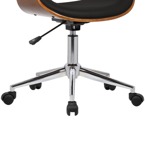 Armen Living Geneva Mid-Century Office Chair in Chrome finish with Black Faux Leather and Walnut Veneer Arms