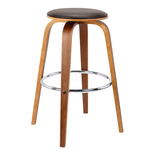 Armen Living Harbor 30" Mid-Century Swivel Bar Height Backless Barstool in Brown Faux Leather with Walnut Veneer