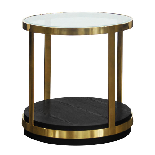 Armen Living Hattie Contemporary End Table in Brushed Gold Finish and Black Wood