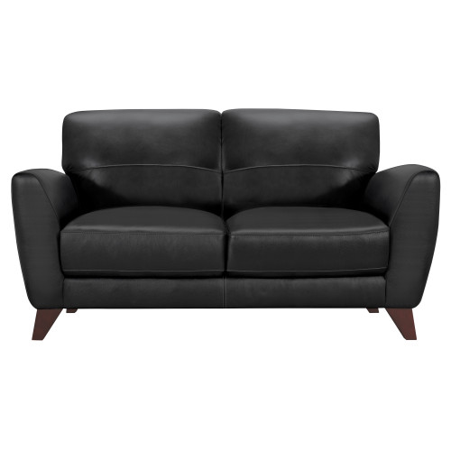 Armen Living Jedd Contemporary Loveseat in Genuine Black Leather with Brown Wood Legs