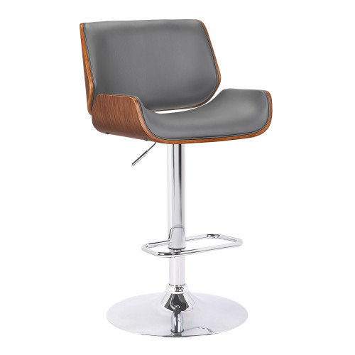 Armen Living London Contemporary Swivel Barstool in Grey Faux Leather with Chrome and Walnut Wood