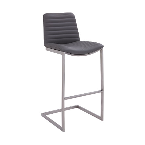 Lucas Contemporary 26" Counter Height Barstool in Brushed Stainless Steel Finish and Grey Faux Leather