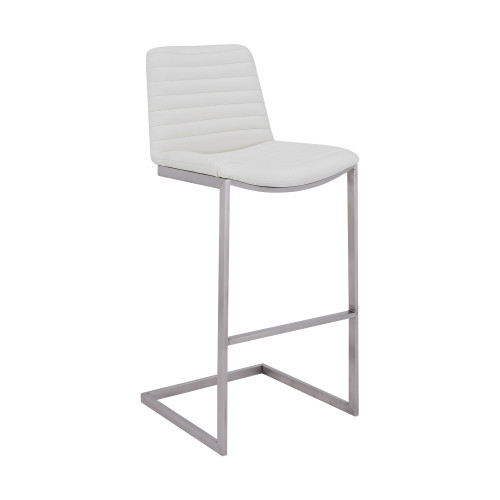 Lucas Contemporary 26" Counter Height Barstool in Brushed Stainless Steel Finish and White Faux Leather