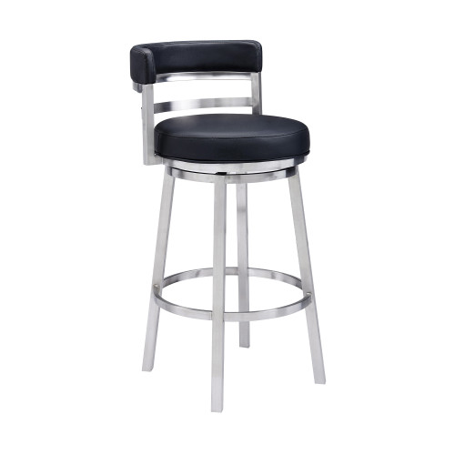 Madrid Contemporary 26" Counter Height Barstool in Brushed Stainless Steel Finish and Black Faux Leather