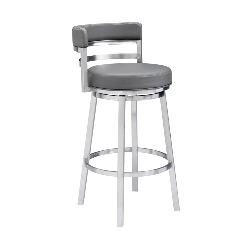 Madrid Contemporary 30" Bar Height Barstool in Brushed Stainless Steel Finish and Grey Faux Leather