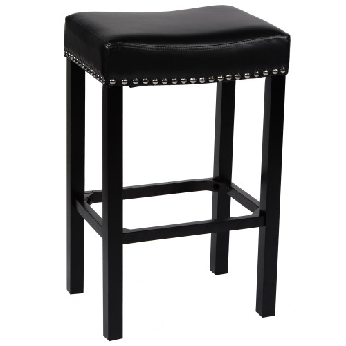 Armen Living Tudor 26" Backless Stationary Barstool in Black Bonded Leather with Chrome Nailhead Accents