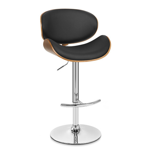 Armen Living Naples Swivel Barstool in Chrome finish with Black Faux Leather and Walnut Veneer Back