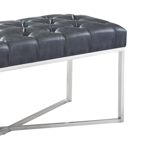 Armen Living Noel Contemporary Bench in Grey Faux Leather and Brushed Stainless Steel Finish