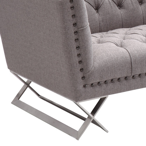 Armen Living Odyssey Sofa in Brushed Stainless Steel finish with Grey Tweed and Black Nail heads