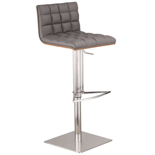 Armen Living Oslo Adjustable Brushed Stainless Steel Barstool in Gray Faux Leather with Walnut Back