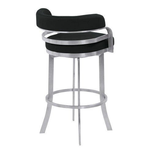 Armen Living Prinz 26" Counter Height Metal Swivel Barstool in Black Faux Leather with Brushed Stainless Steel Finish