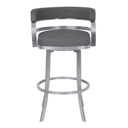 Armen Living Prinz 26" Counter Height Metal Swivel Barstool in Gray Faux Leather with Brushed Stainless Steel Finish