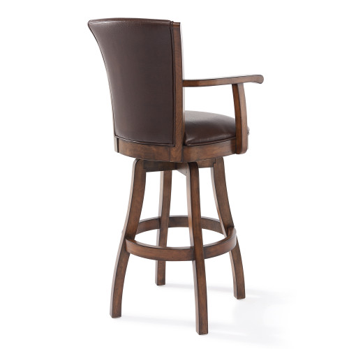 Armen Living Raleigh Arm 26" Counter Height Swivel Wood Barstool in Chestnut Finish and Kahlua Faux Leather