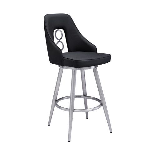 Ruby Contemporary 26" Counter Height Barstool in Brushed Stainless Steel Finish and Black Faux Leather