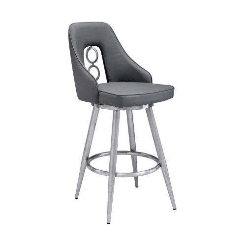Ruby Contemporary 26" Counter Height Barstool in Brushed Stainless Steel Finish and Grey Faux Leather