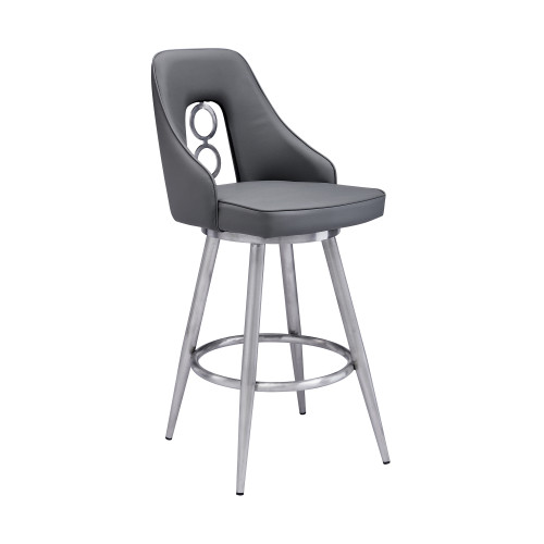 Ruby Contemporary 30" Bar Height Barstool in Brushed Stainless Steel Finish and Grey Faux Leather