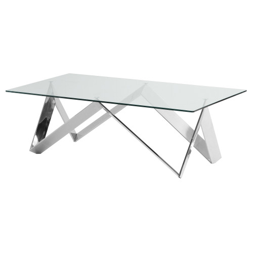 Armen Living Scarlett Contemporary Rectangular Coffee Table in Polished Steel Finish with Tempered Glass Top