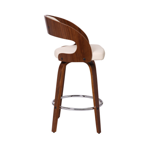 Shelly Contemporary 26" Counter Height Swivel Barstool in Walnut Wood Finish and Cream Faux Leather