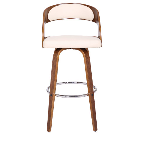Shelly Contemporary 30" Bar Height Swivel Barstool in Walnut Wood Finish and Cream Faux Leather