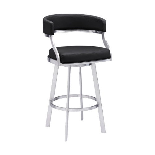 Saturn Contemporary 26" Counter Height Barstool in Brushed Stainless Steel Finish and Black Faux Leather