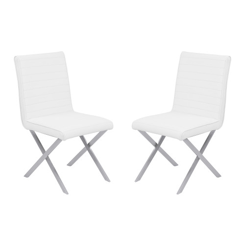 Armen Living Tempe Contemporary Dining Chair in White Faux Leather with Brushed Stainless Steel Finish - Set of 2