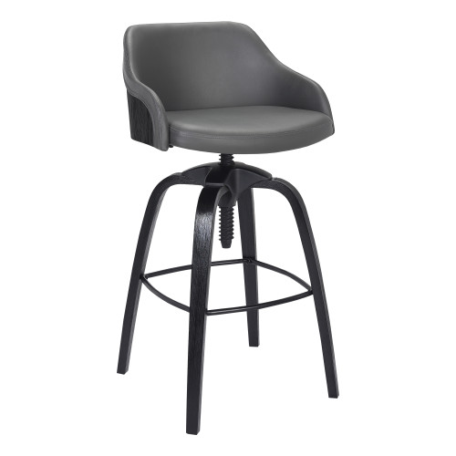 Tara Contemporary Adjustable Barstool in Black Brushed Wood Finish and Grey Faux Leather