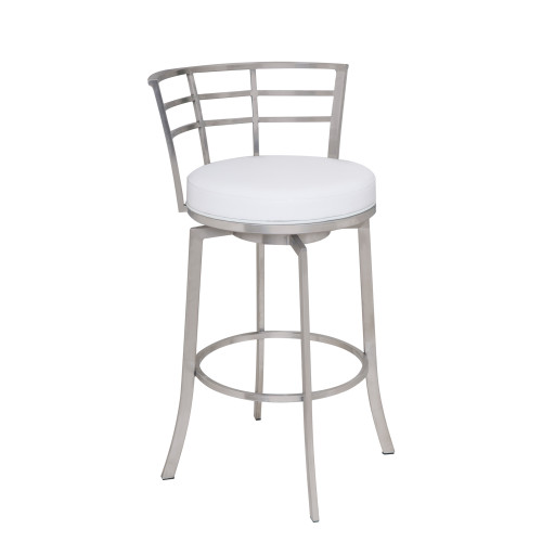 Armen Living Viper 26" Counter Height Swivel Barstool in Brushed Stainless Steel finish with White Faux Leather