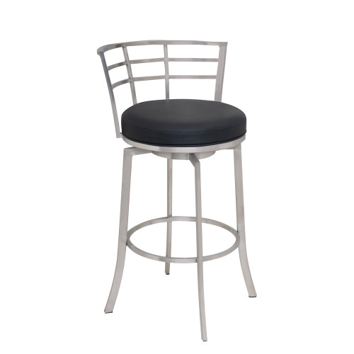 Armen Living Viper 30" Bar Height Swivel Barstool in Brushed Stainless Steel finish with Black Faux Leather