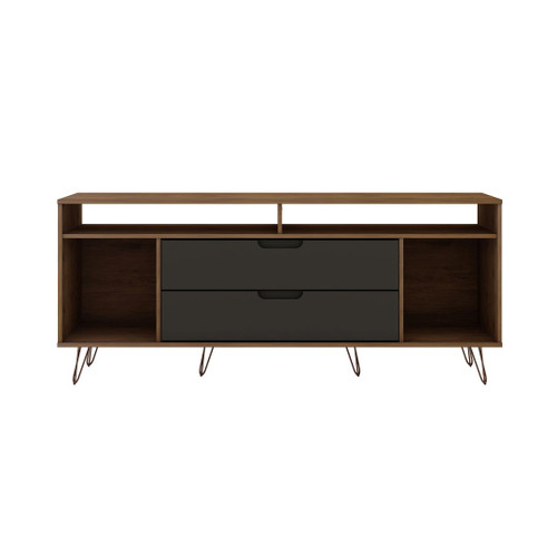 Manhattan Comfort Rockefeller 62.99 TV Stand with Metal Legs and 2 Drawers in Nature and Textured Grey