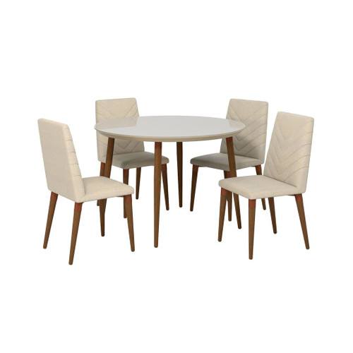 Manhattan Comfort Utopia 45.28 Modern Round Dining Table with Chevron Dining Chairs in Off White and Beige - Set of 5