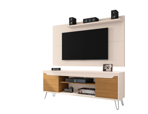 Manhattan Comfort Baxter 62.99 Mid-Century Modern TV Stand and Liberty Panel with Media and Display Shelves in Off White and Cinnamon
