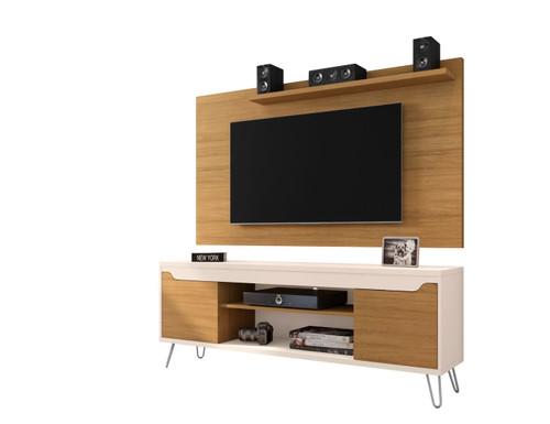 Manhattan Comfort Baxter 62.99 Mid-Century Modern TV Stand and Liberty Panel with Media and Display Shelves in Cinnamon and Off White