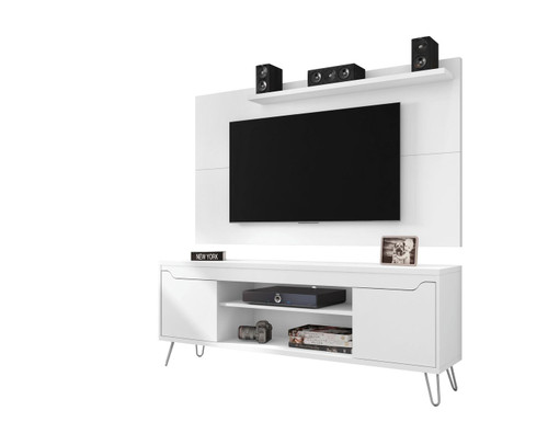 Manhattan Comfort Baxter 62.99 Mid-Century Modern TV Stand and Liberty Panel with Media and Display Shelves in White