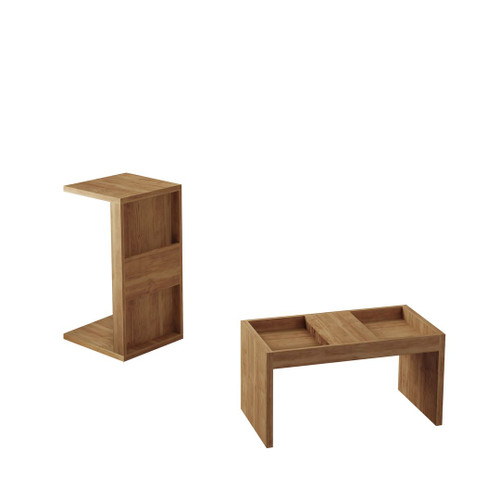 Manhattan Comfort Marine Modern Accent End and Coffee Table with Magazine Shelf Set of 2 in Nature