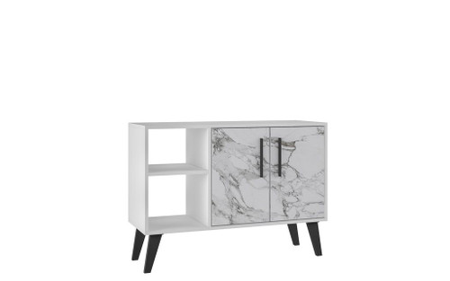 Manhattan Comfort Mid-Century- Modern Amsterdam 35.43" Sideboard with 4 Shelves in White Marble