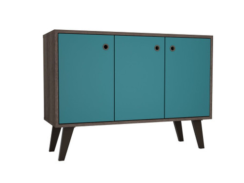 Manhattan Comfort Mid-Century- Modern Bromma 35.43" Sideboard 2.0 with 3 Shelves in Oak and Aqua Blue