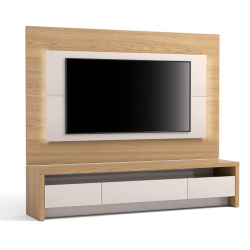 Manhattan Comfort 2-Piece Sylvan 85.43" TV Stand and Panel with LED Lights in Nature Wood and Off White